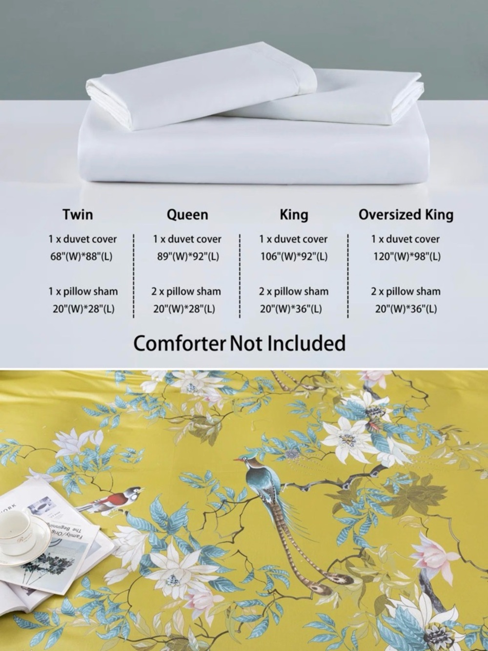 KING SIZE Floral & Bird Mustard Yellow Duvet Cover WITH TWO KING SHAMS! 2